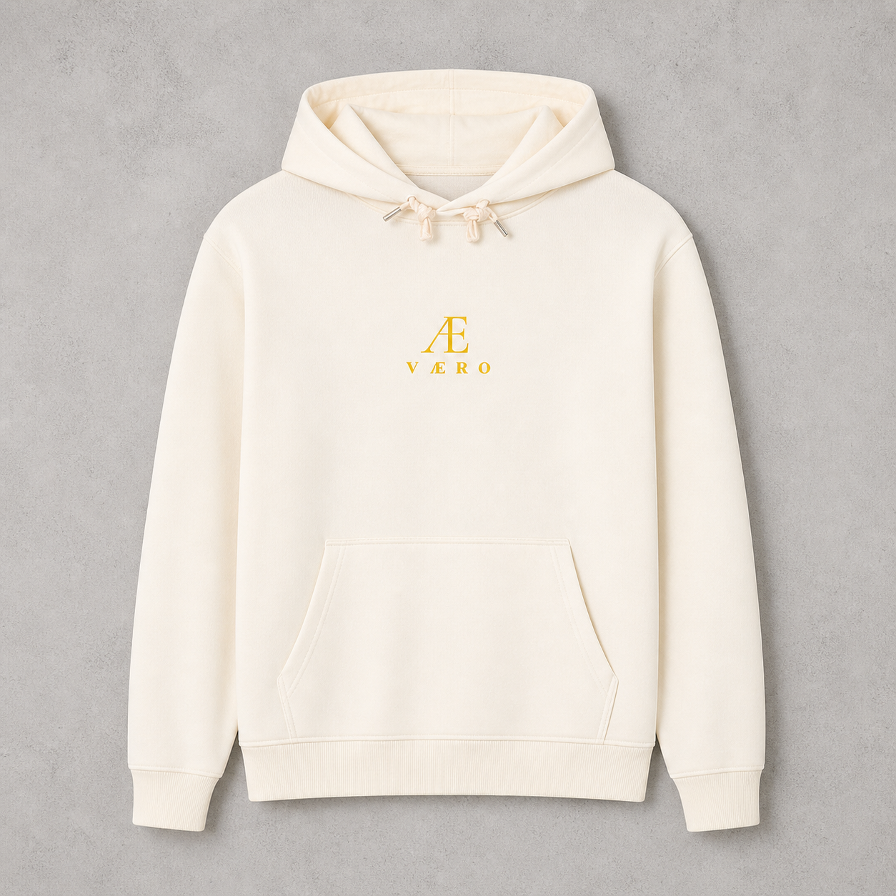 White hoodie with a logo on a gray background