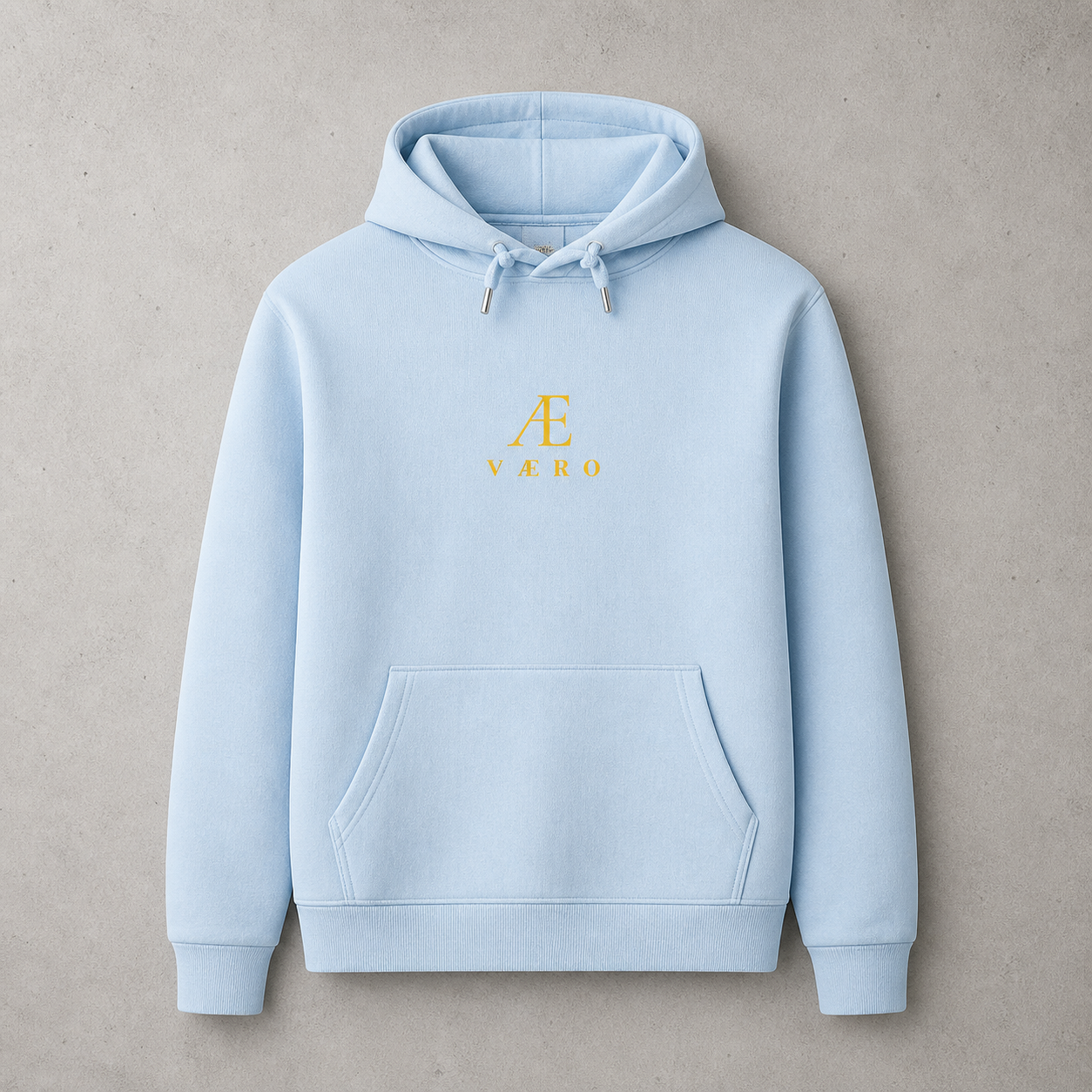Light blue hoodie with a logo on a gray background