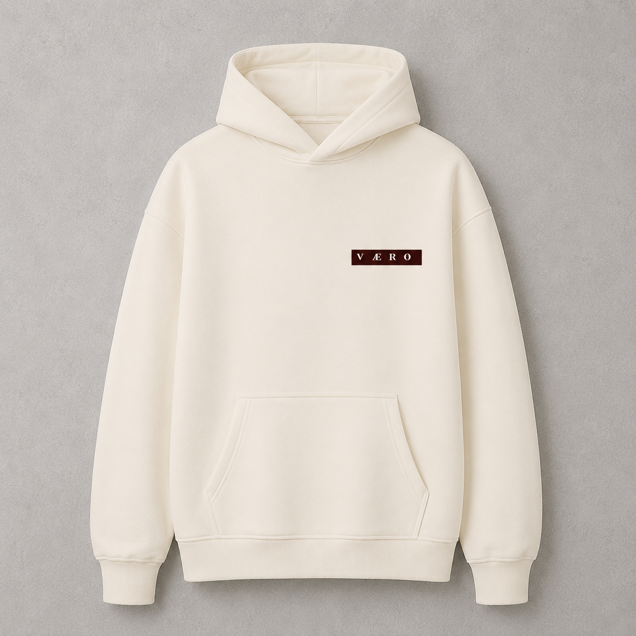 White hoodie with a brand logo on a gray background