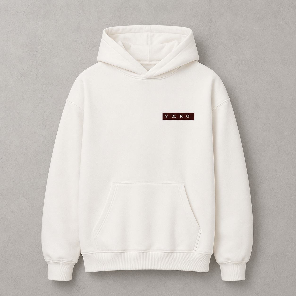 White hoodie with a brand logo on a gray background
