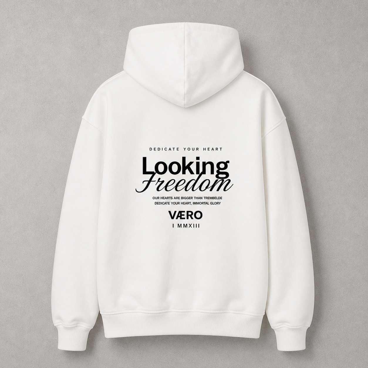 White hoodie with text on the back against a gray background