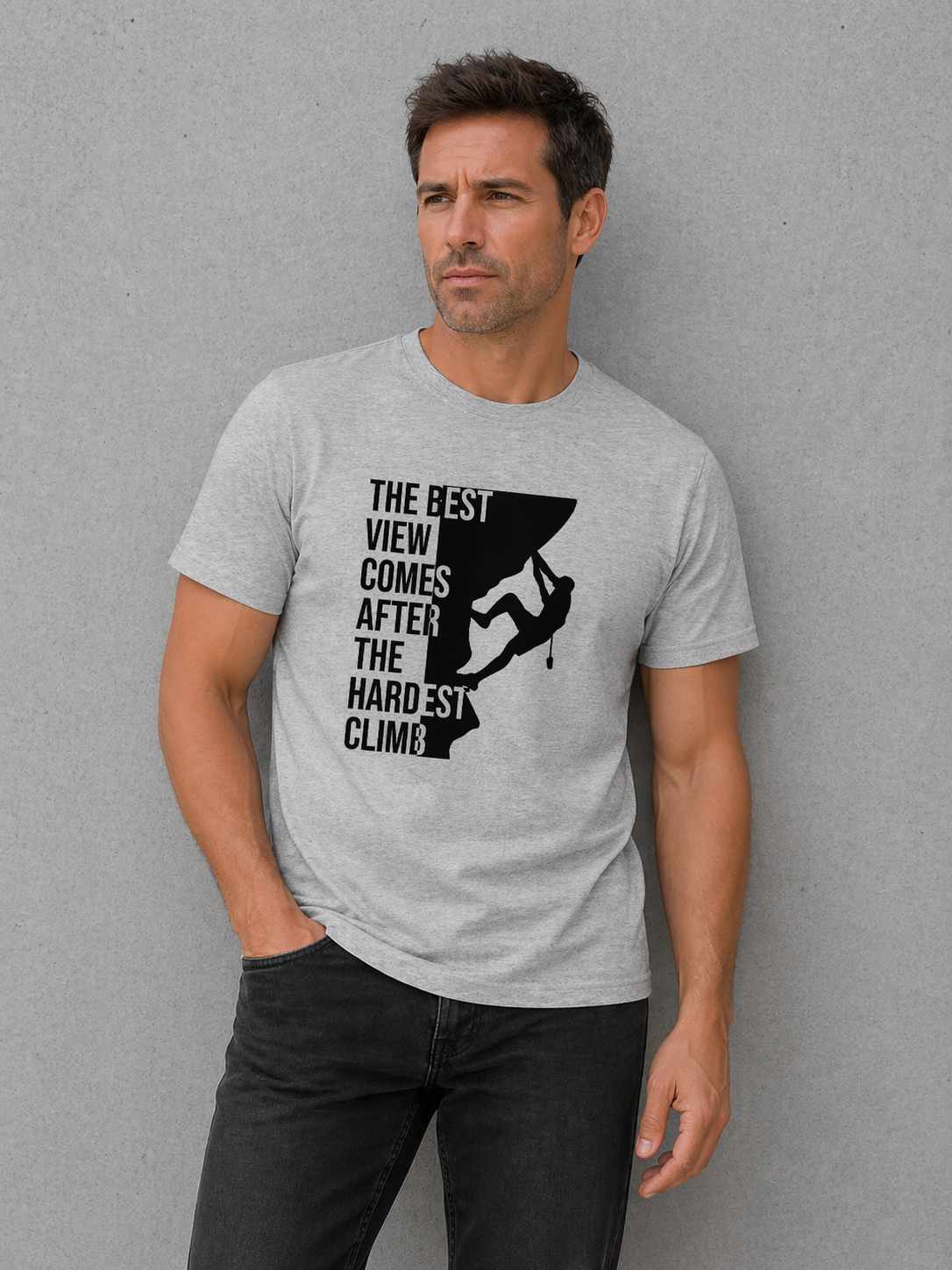 Man wearing a gray t-shirt with a graphic and text against a gray background