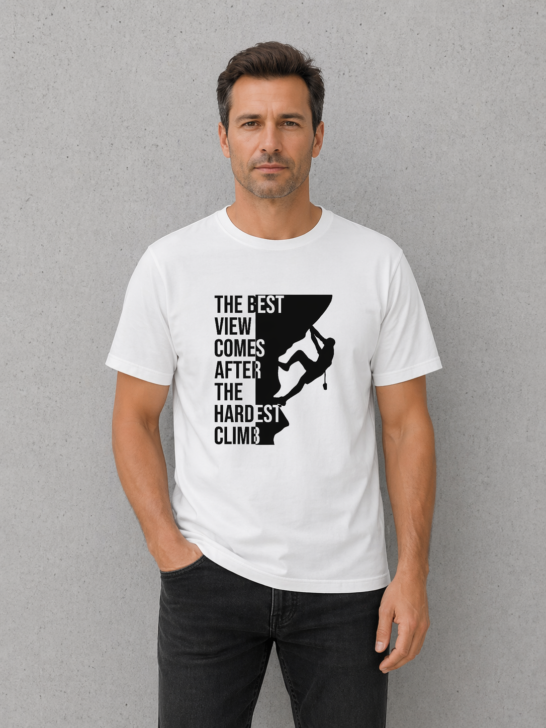 Man wearing a white t-shirt with a motivational quote and climbing graphic on a gray background