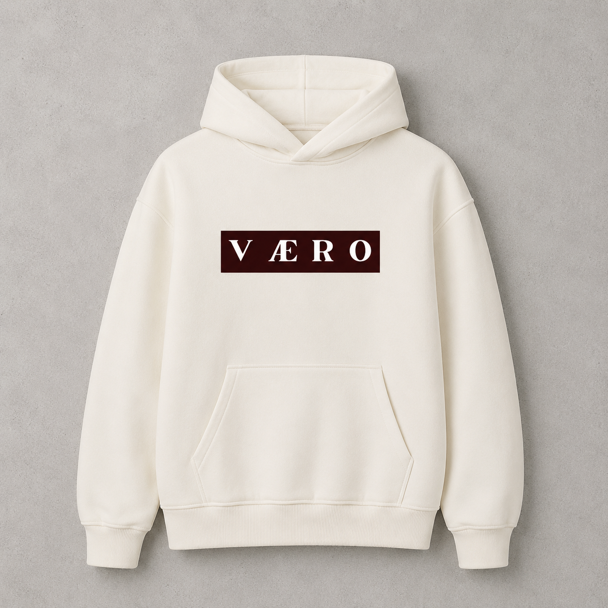 White hoodie with a brown logo on a gray background