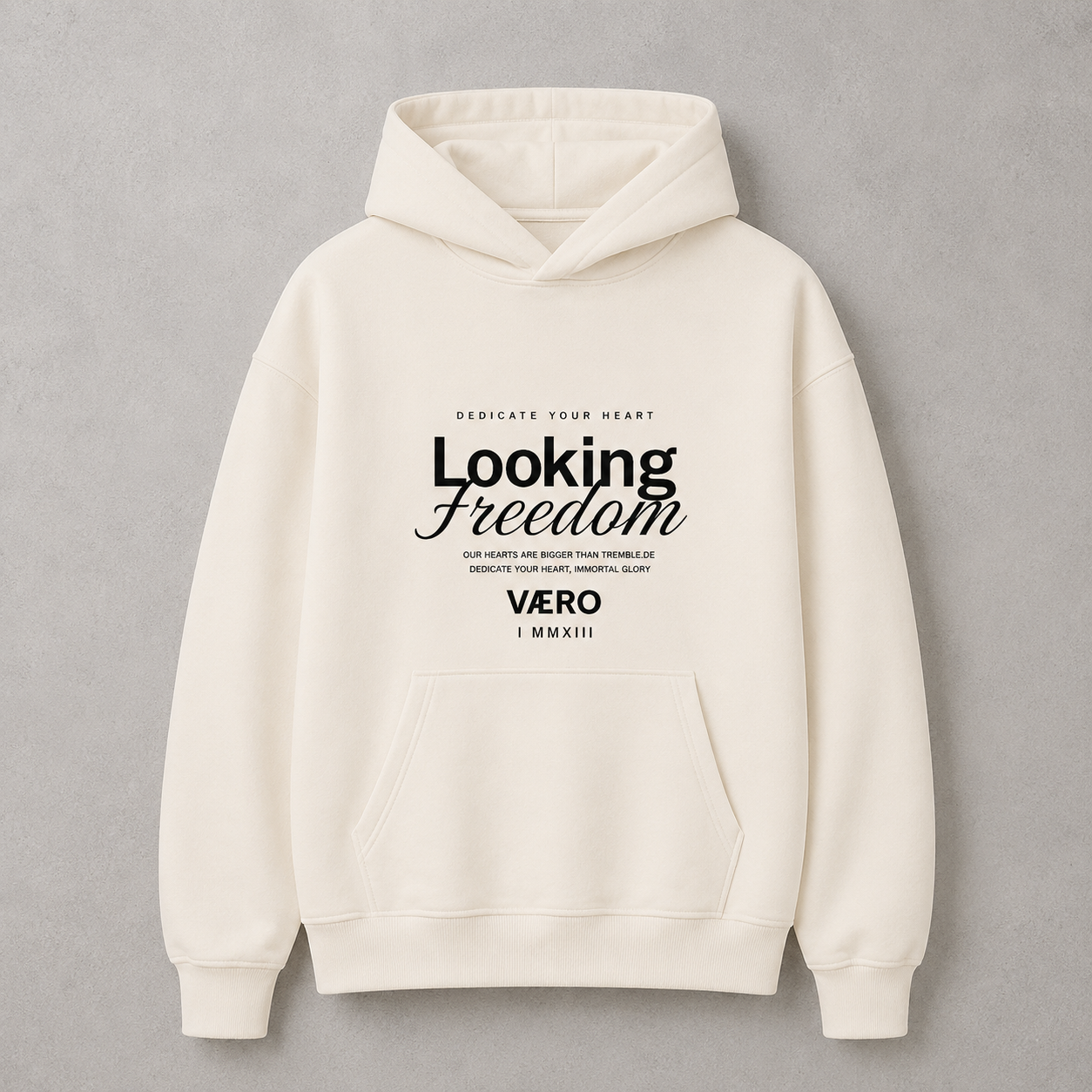 White hoodie with black text on a gray background