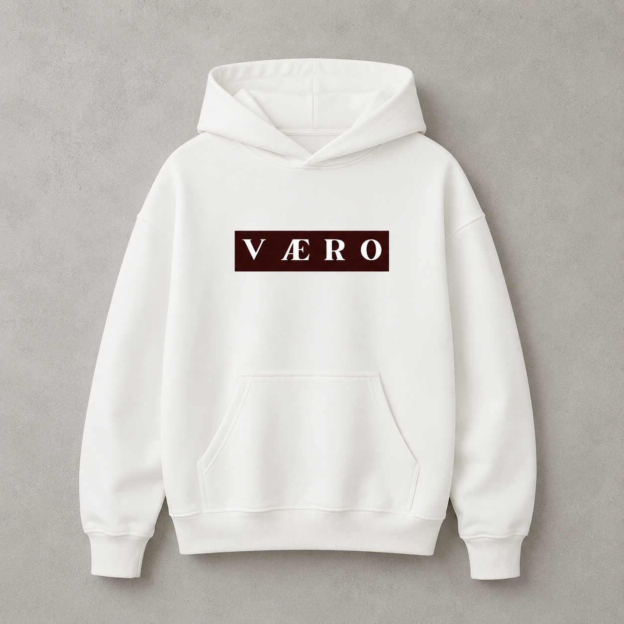 White hoodie with a brown logo on a gray background