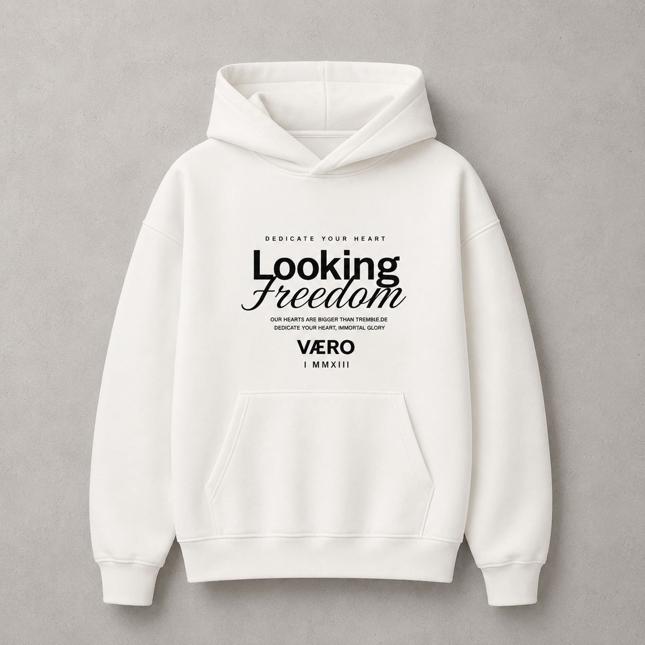 White hoodie with black text on a gray background