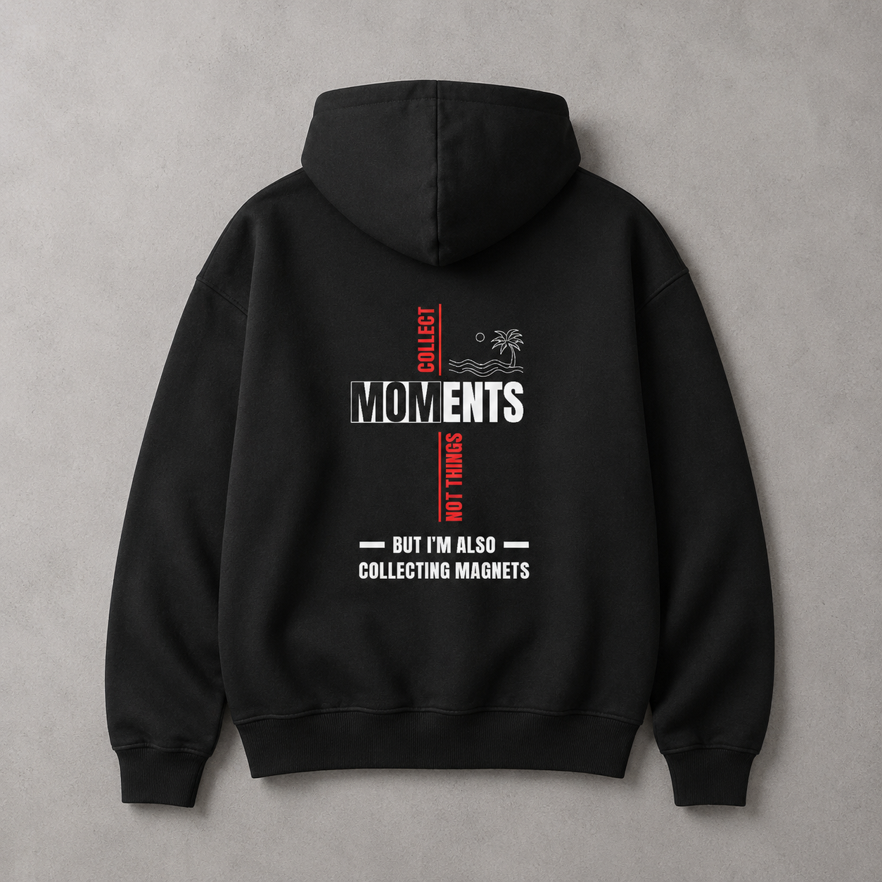 Black hoodie with text on the back against a gray background