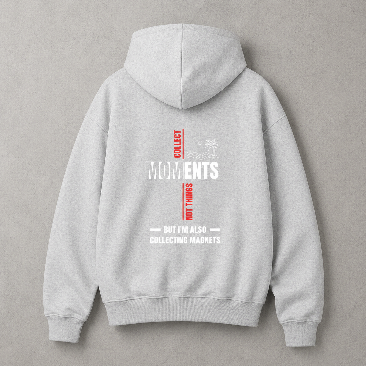 Gray hoodie with text on the back against a gray background