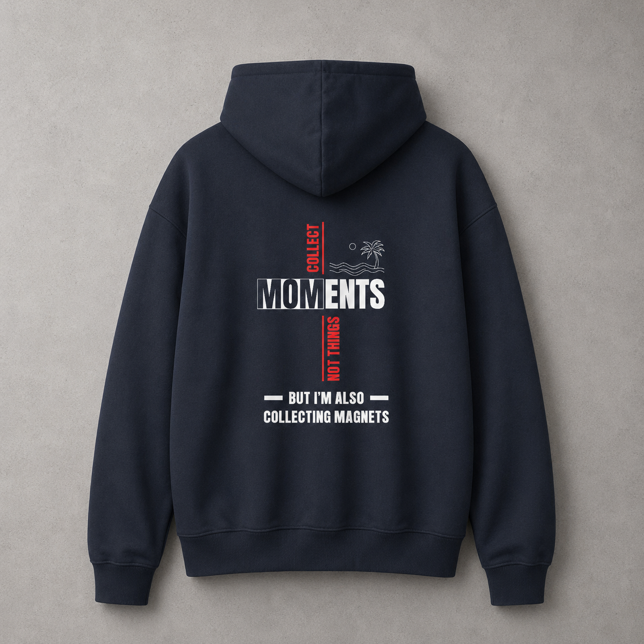 Navy blue hoodie with text on the back against a gray background