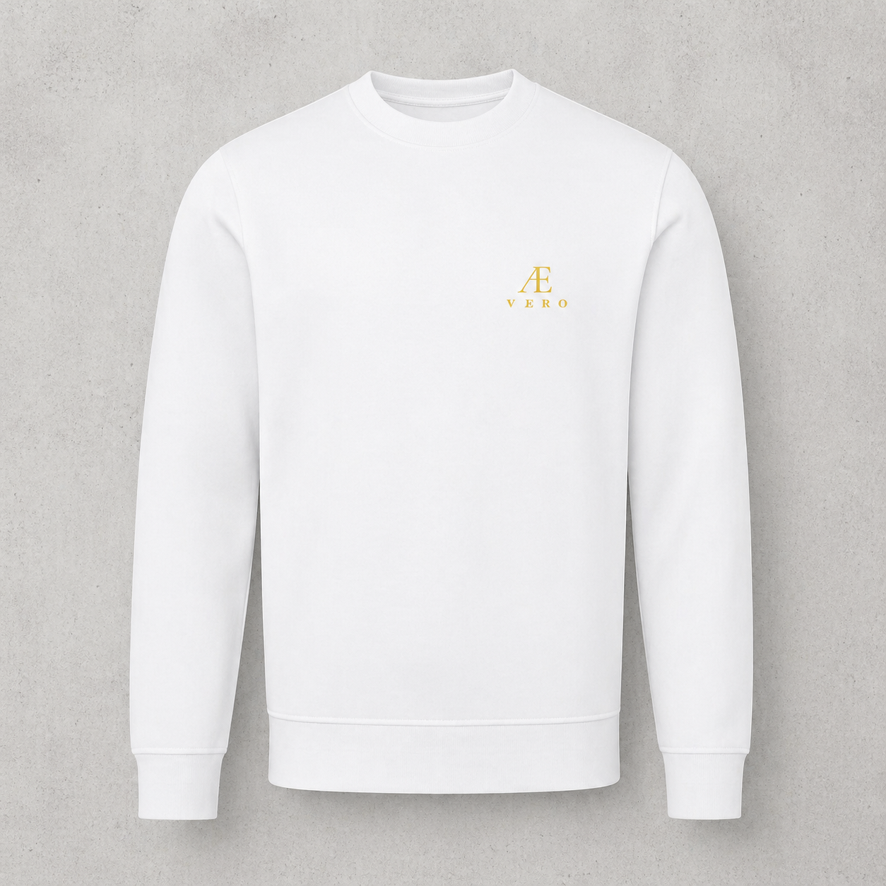 White sweatshirt with a logo on a gray background