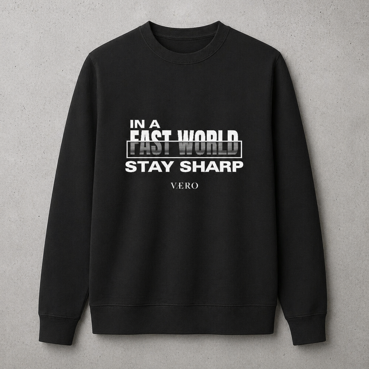 Black sweatshirt with white text on a gray background
