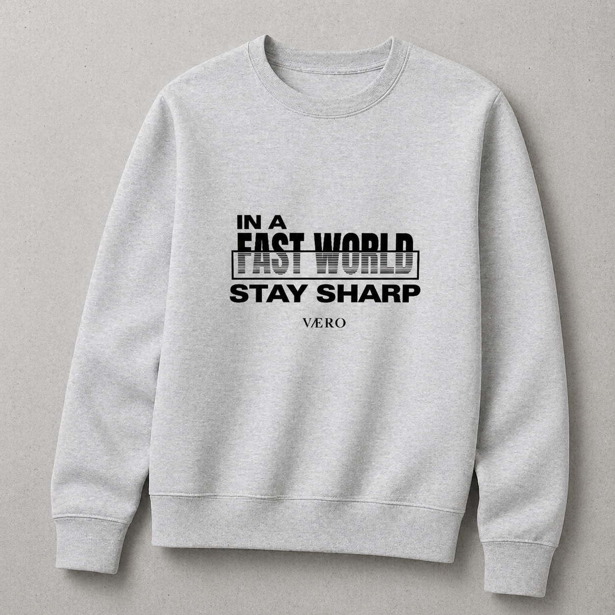 Gray sweatshirt with black text on a gray background