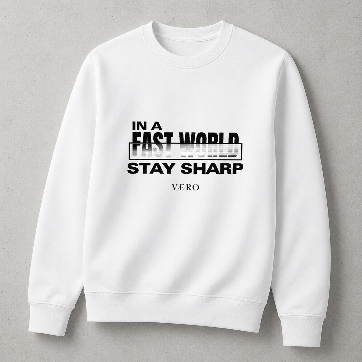 White sweatshirt with black text on a gray background