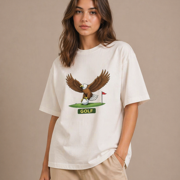 Person wearing a white t-shirt with an eagle graphic and 'GOLF' text on a beige background