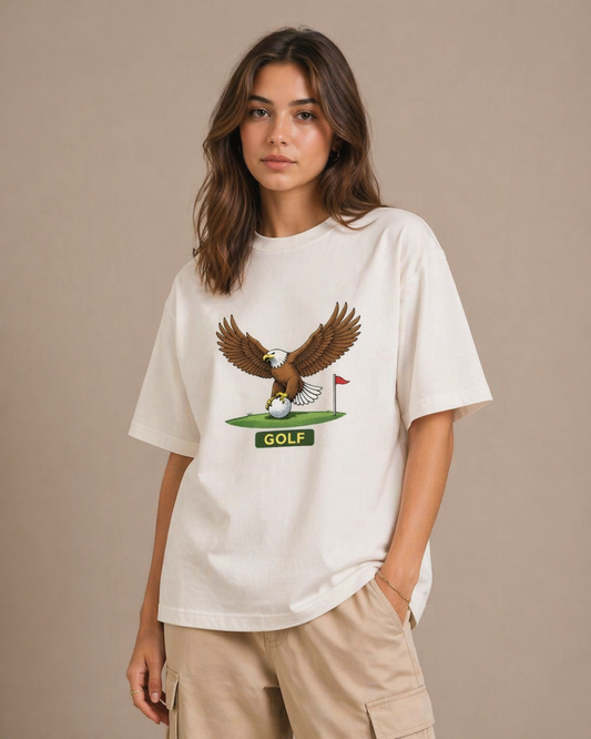 Person wearing a white t-shirt with an eagle graphic and 'GOLF' text on a beige background