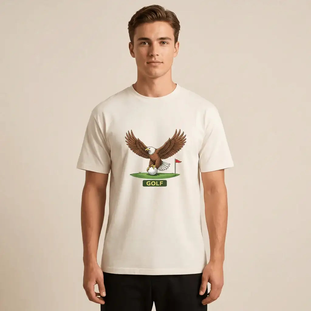 Man wearing a white t-shirt with an eagle and golf ball graphic on a beige background