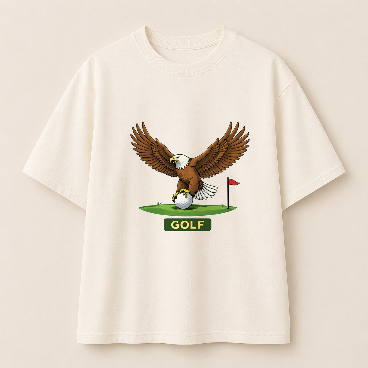 White t-shirt with an eagle and golf ball design on a beige background