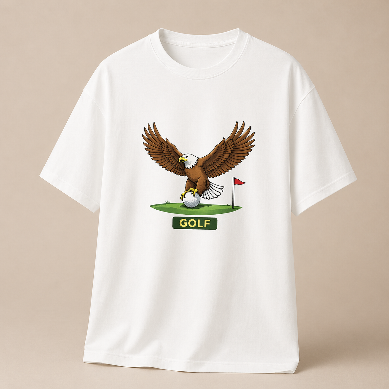 White t-shirt with an eagle and golf ball graphic on a beige background
