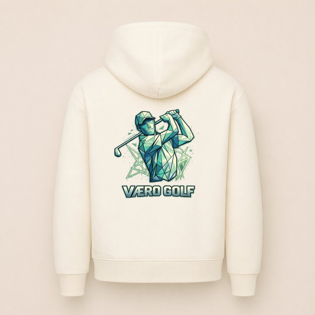 White hoodie with geometric golf graphic and 'VERO GOLF' text on the back against a beige background