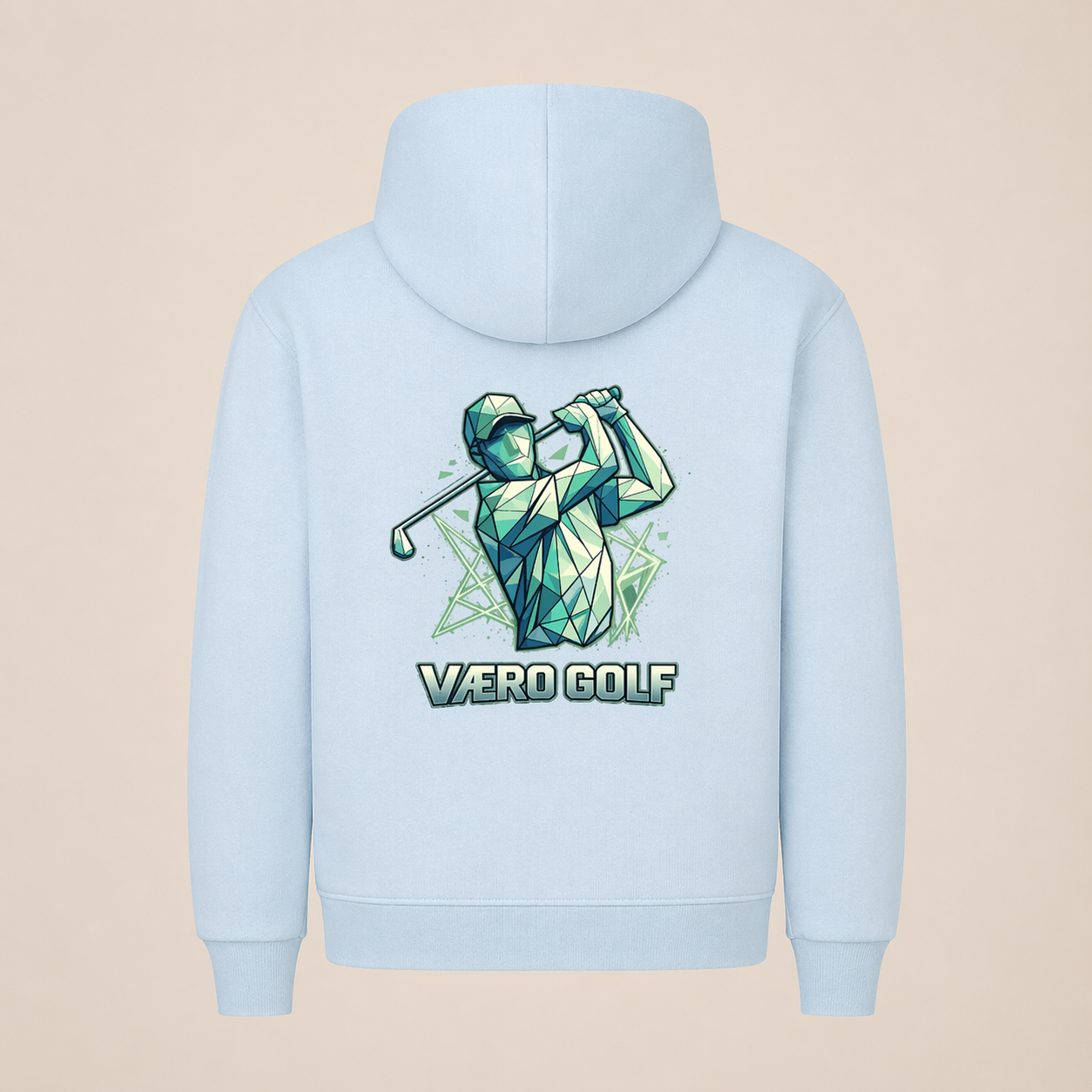 Light blue hoodie with a geometric golf design and 'Väero Golf' text on the back against a beige background