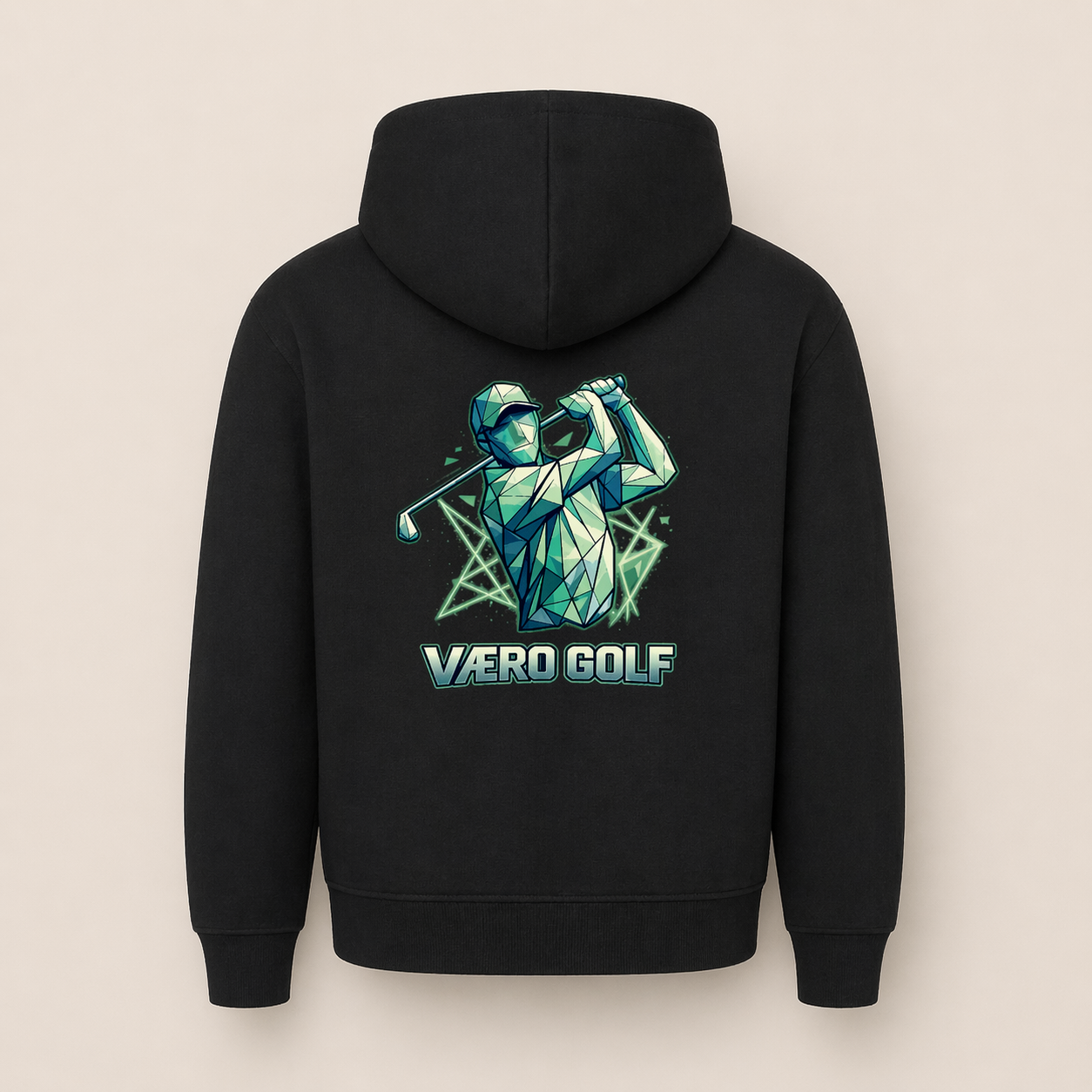 Black hoodie with a golf-themed design on the back against a beige background