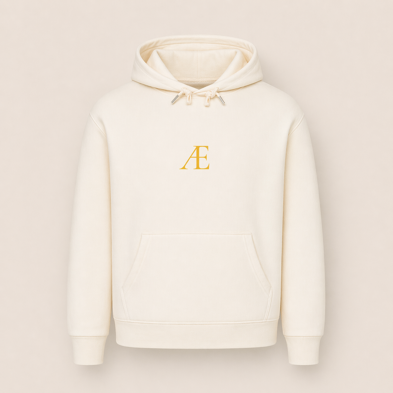 White hoodie with a gold logo on a beige background