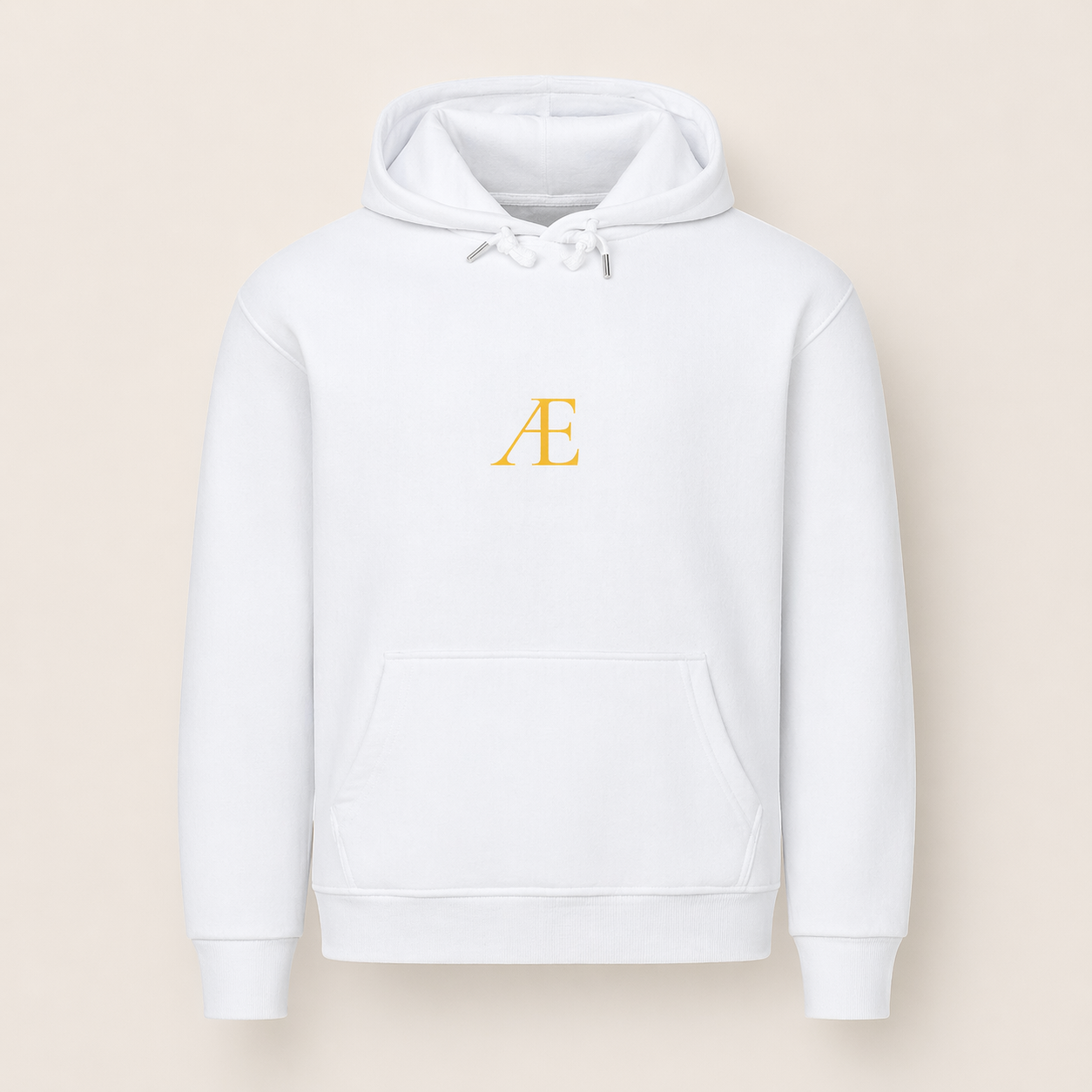 White hoodie with a gold logo on a beige background