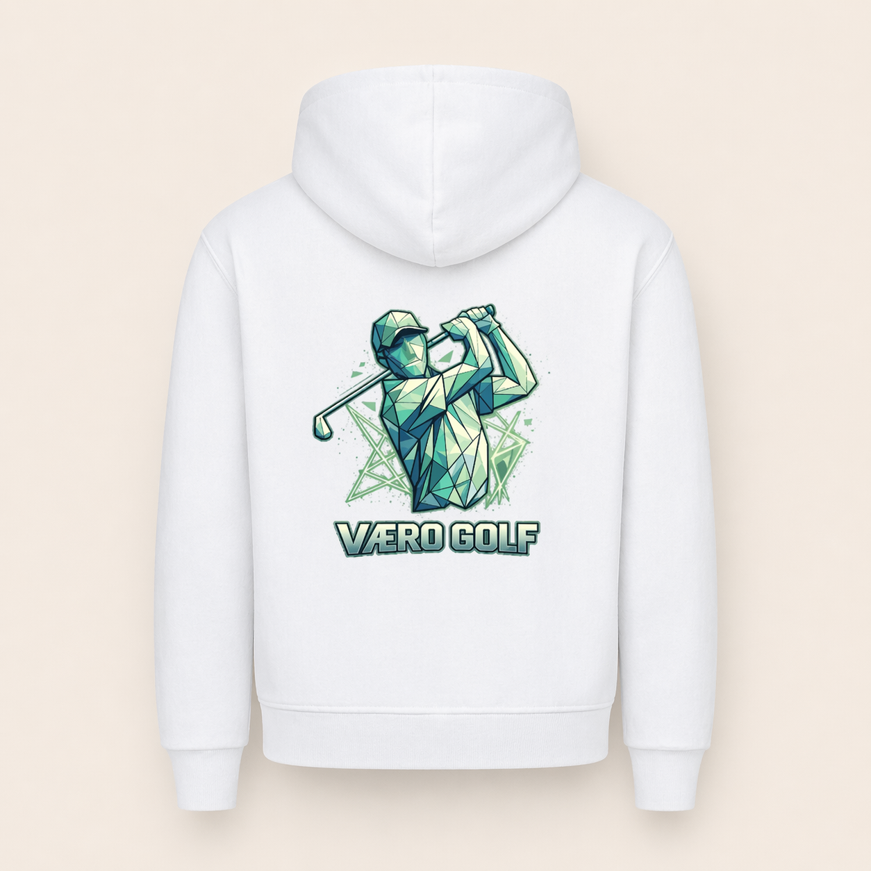 White hoodie with geometric golf graphic and 'Vero Golf' text on a beige background