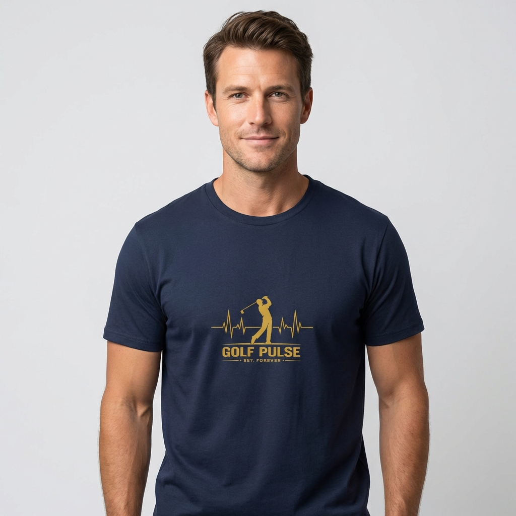 Man wearing a navy blue t-shirt with 'Golf Pulse' logo on a light gray background