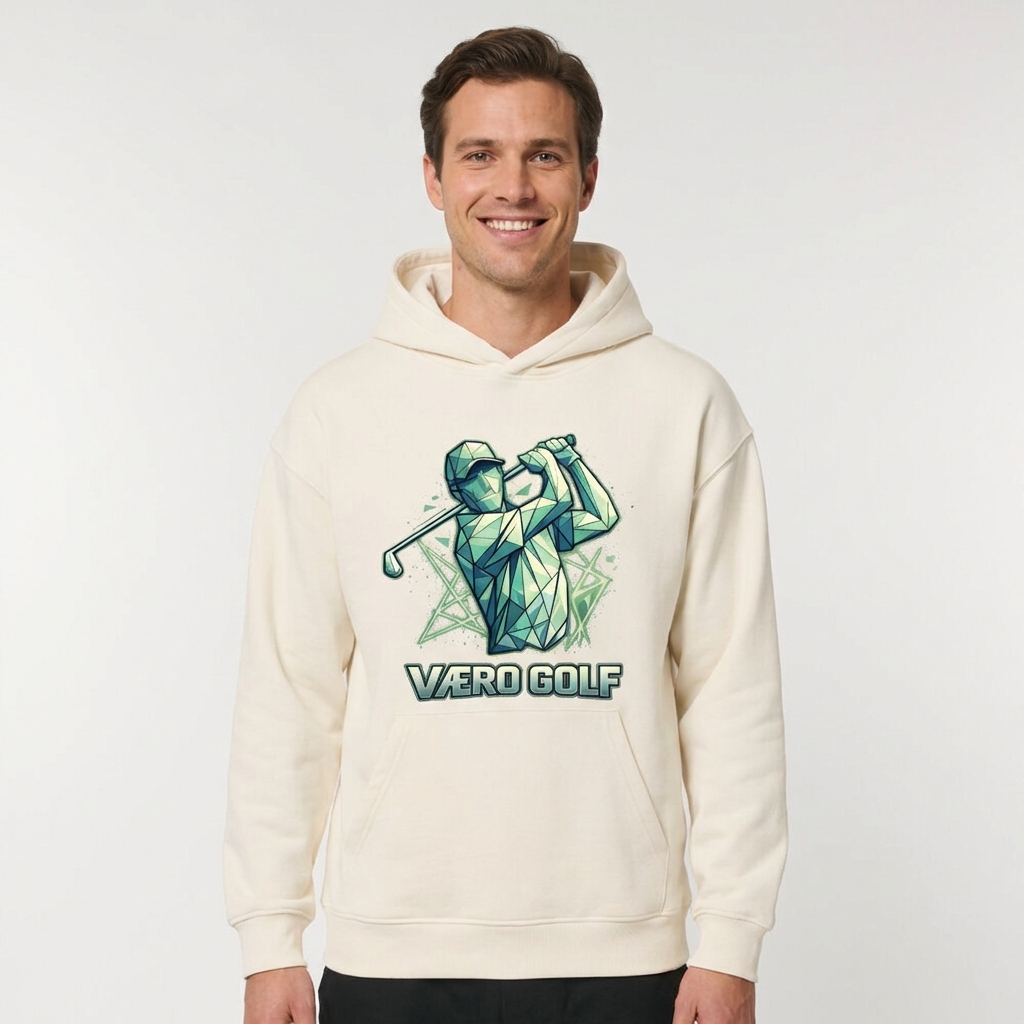 Man wearing a cream hoodie with a geometric golf design and 'Vero Golf' text on a white background