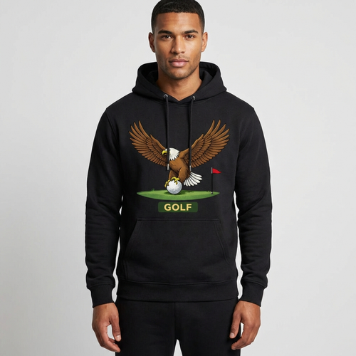 Black hoodie with eagle and golf ball design on a gray background
