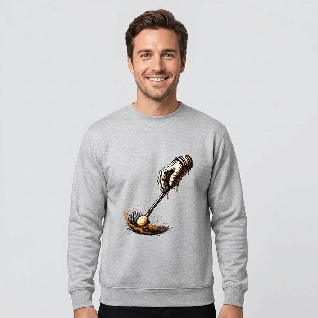 Man wearing a gray sweatshirt with a graphic design on a light gray background