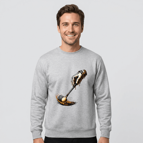 Man wearing a gray sweatshirt with a graphic design on a light gray background