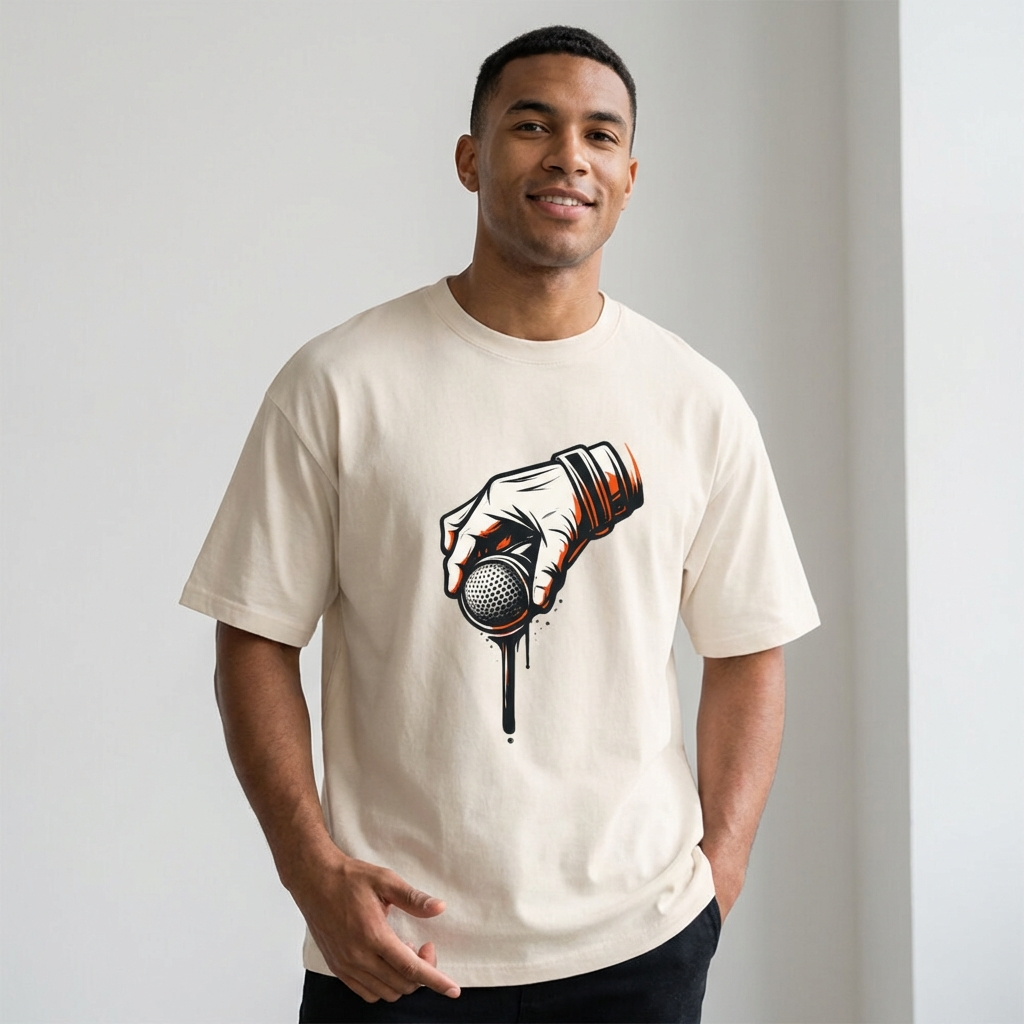 Man wearing a white t-shirt with a graphic design of a hand holding a microphone.