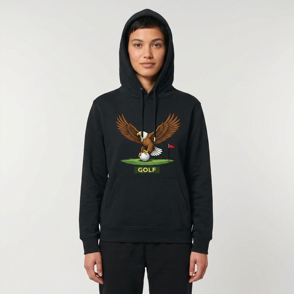Person wearing a black hoodie with an eagle and golf ball design on a white background