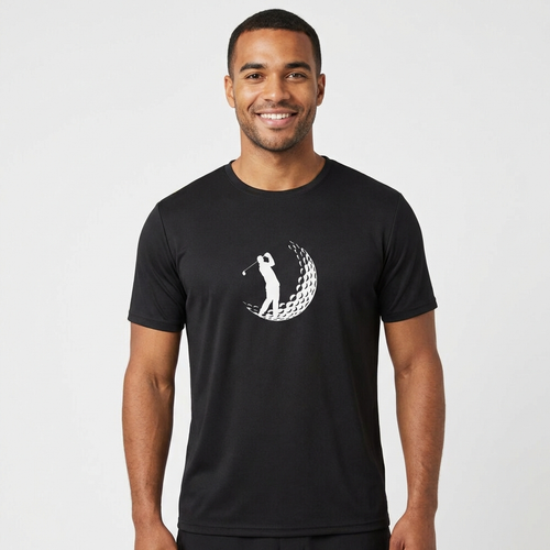 Man wearing a black t-shirt with a white graphic design on a plain background