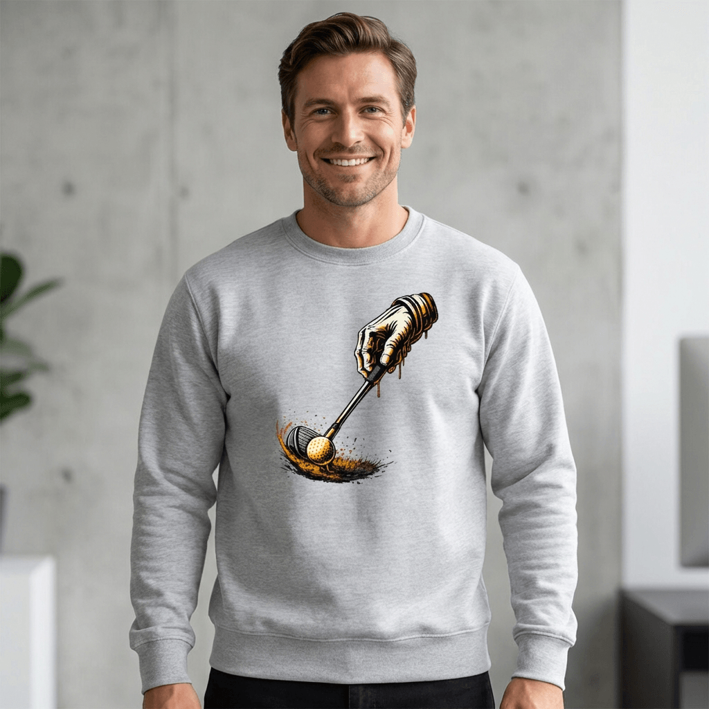 Man wearing a gray sweatshirt with a graphic design of a hand holding a spoon with honey.