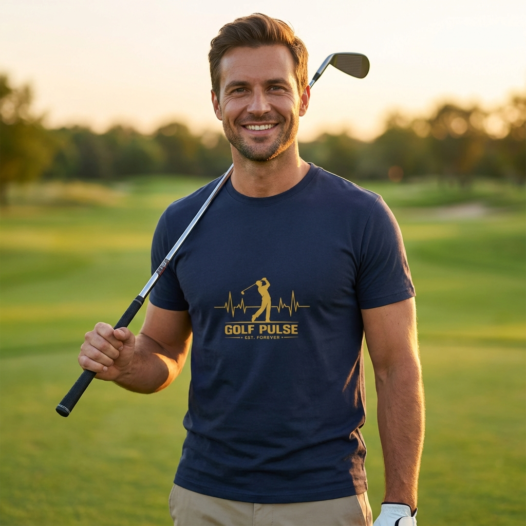 Man holding a golf club on a golf course wearing a 'Golf Pulse' t-shirt.