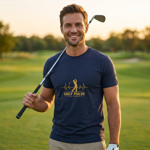 Man holding a golf club on a golf course wearing a 'Golf Pulse' t-shirt.