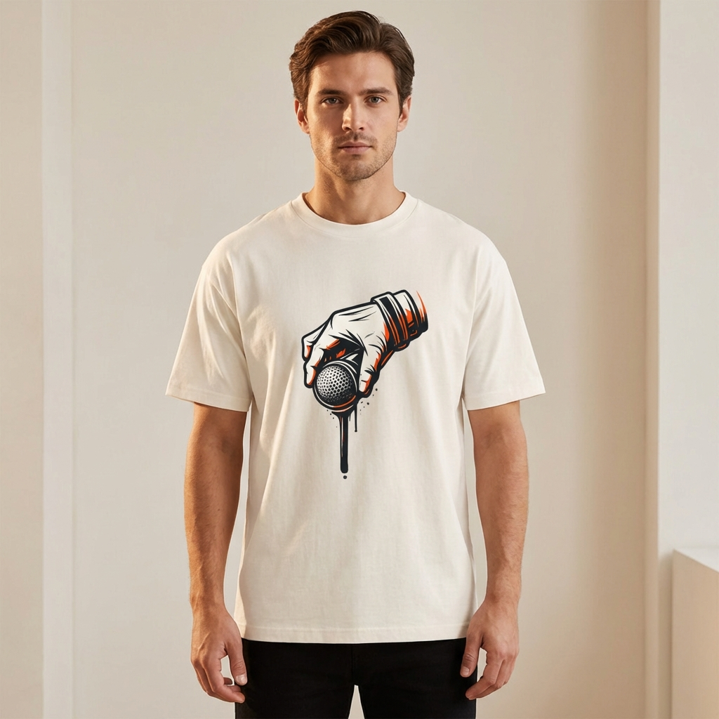 Man wearing a white t-shirt with a graphic design on a plain background