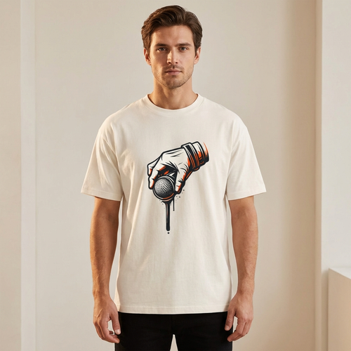 Man wearing a white t-shirt with a graphic design on a plain background