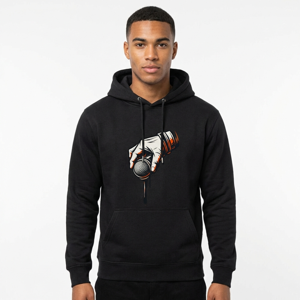 Person wearing a black hoodie with a graphic design on a white background