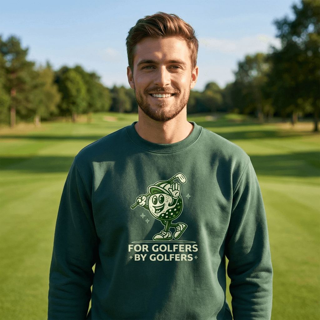 Man wearing a green sweatshirt with a golf-themed design on a golf course