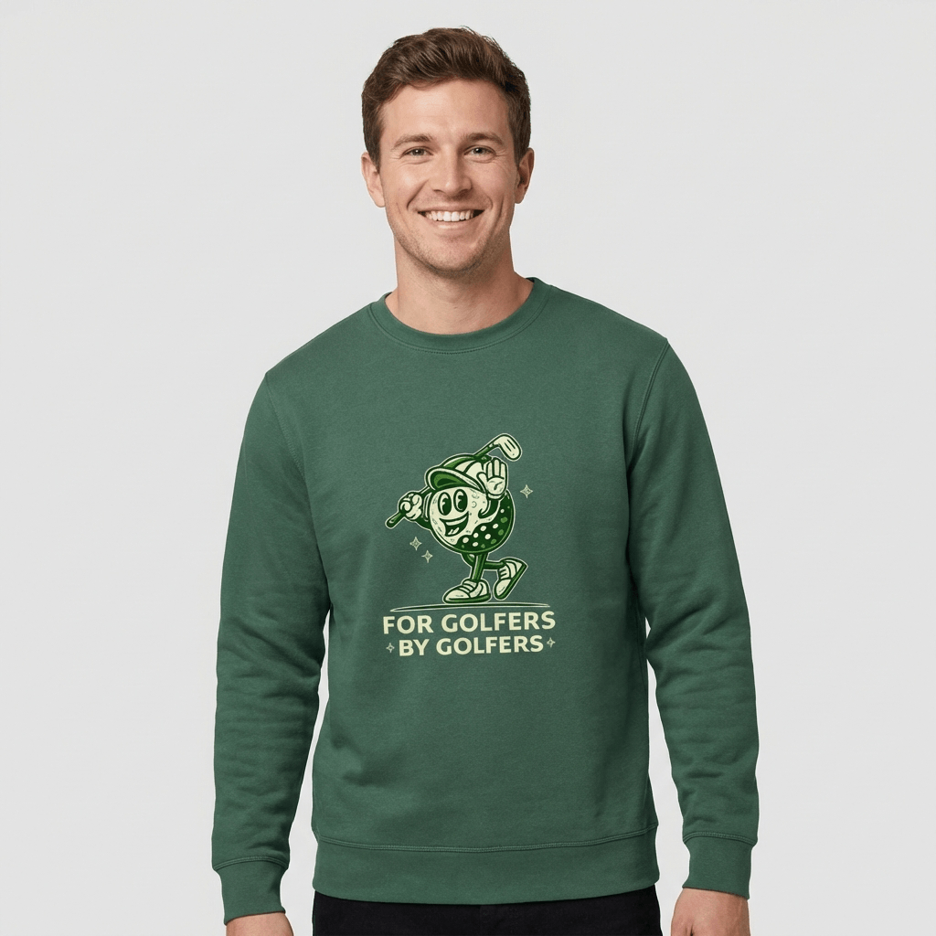 Man wearing a green sweatshirt with a graphic and text on a white background