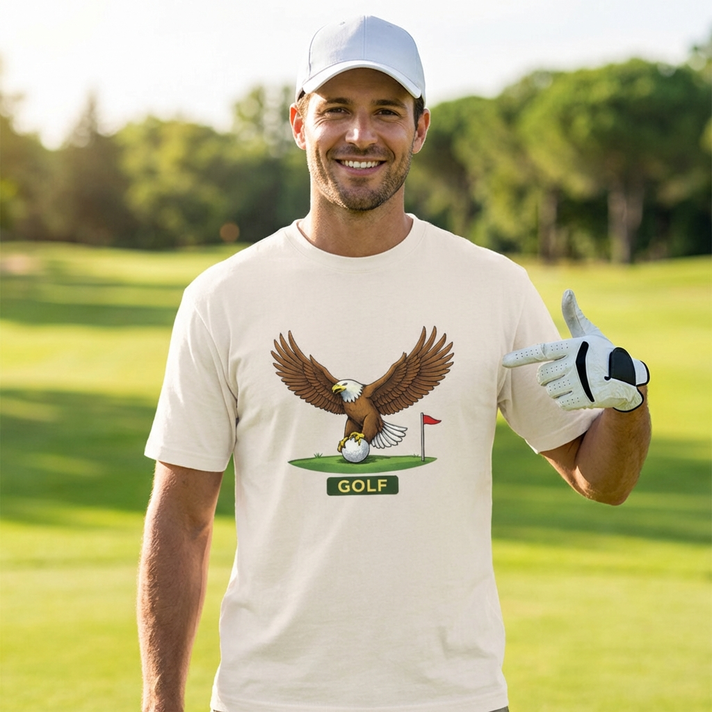 Man on a golf course wearing a t-shirt with an eagle and golf ball graphic.