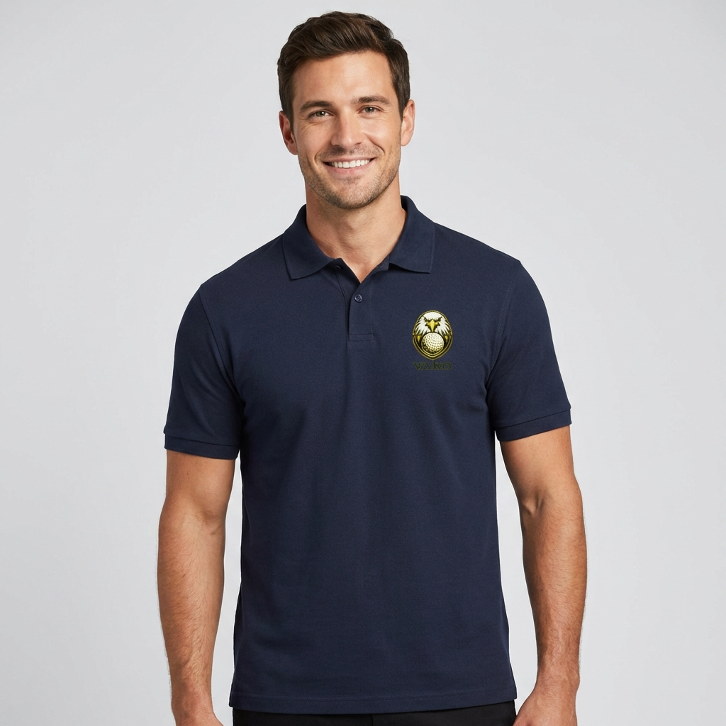 Man wearing a navy blue polo shirt with a logo on a light gray background