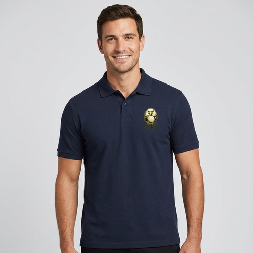 Man wearing a navy blue polo shirt with a logo on a light gray background