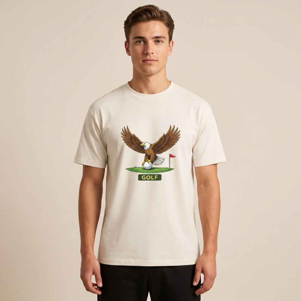 Man wearing a white t-shirt with an eagle and golf course design on a beige background