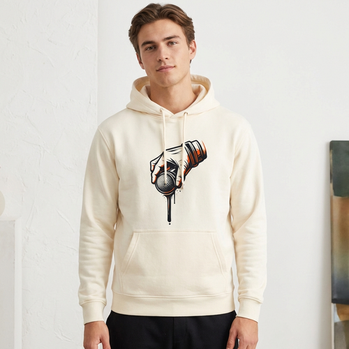 Man wearing a cream hoodie with a graphic design on a white background